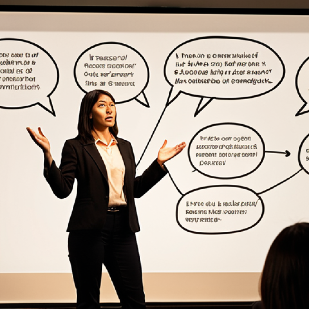 **

A dynamic presentation scene. A person confidently gestures while speaking to an engaged audience. The background subtly incorporates speech bubbles or a flow chart visualizing the PREP method (Point, Reason, Example, Point). The overall mood is empowering and suggests effective communication and storytelling. Use warm, inviting lighting.

**