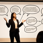 **

A dynamic presentation scene. A person confidently gestures while speaking to an engaged audience. The background subtly incorporates speech bubbles or a flow chart visualizing the PREP method (Point, Reason, Example, Point). The overall mood is empowering and suggests effective communication and storytelling. Use warm, inviting lighting.

**