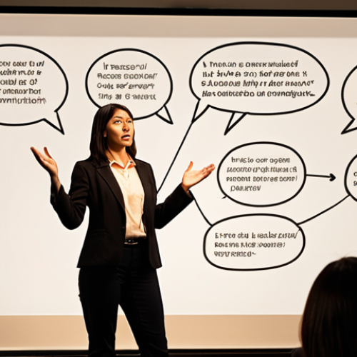 Home 19 **
A dynamic presentation scene. A person confidently gestures while speaking to an engaged audience. The background subtly incorporates speech bubbles or a flow chart visualizing the PREP method (Point, Reason, Example, Point). The overall mood is empowering and suggests effective communication and storytelling. Use warm, inviting lighting.
**