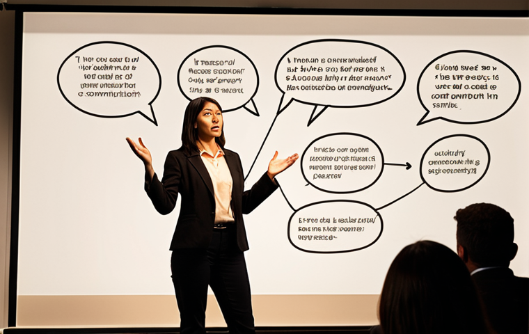 **
A dynamic presentation scene. A person confidently gestures while speaking to an engaged audience. The background subtly incorporates speech bubbles or a flow chart visualizing the PREP method (Point, Reason, Example, Point). The overall mood is empowering and suggests effective communication and storytelling. Use warm, inviting lighting.
**