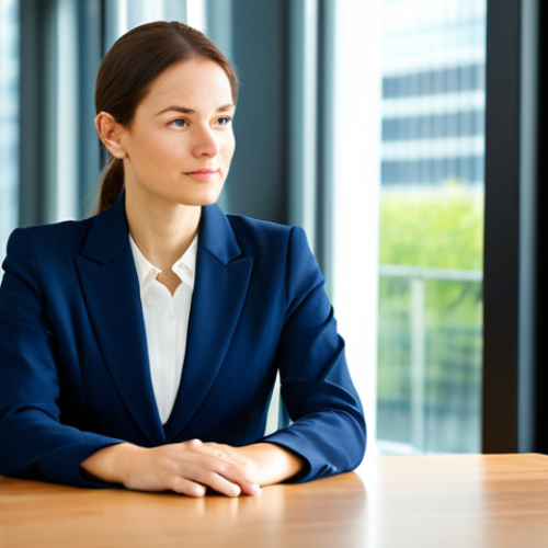 Home 18 A professional businesswoman, fully clothed in a modest navy blue pantsuit and a light blouse, sitting at a polished conference table in a sunlit, modern office. She is in a natural pose, looking slightly to the side with a thoughtful, poised expression, as if about to articulate a complex idea spontaneously. Her hands are resting calmly on the table or gesturing subtly. The background features blurred glass walls and contemporary office decor, creating a professional and calm atmosphere. Perfect anatomy, correct proportions, well-formed hands, proper finger count, natural body proportions, professional photography, high resolution, safe for work, appropriate content, family-friendly.
