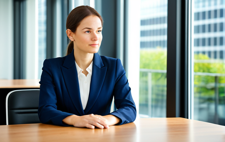 A professional businesswoman, fully clothed in a modest navy blue pantsuit and a light blouse, sitting at a polished conference table in a sunlit, modern office. She is in a natural pose, looking slightly to the side with a thoughtful, poised expression, as if about to articulate a complex idea spontaneously. Her hands are resting calmly on the table or gesturing subtly. The background features blurred glass walls and contemporary office decor, creating a professional and calm atmosphere. Perfect anatomy, correct proportions, well-formed hands, proper finger count, natural body proportions, professional photography, high resolution, safe for work, appropriate content, family-friendly.