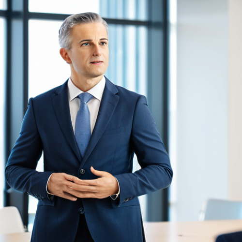 Home 9 A professional business leader, gender-neutral, in a modern, modest business suit, standing confidently in a bright, contemporary conference room. The leader is actively engaging in a spontaneous question-and-answer session, with a thoughtful yet approachable expression, making direct eye contact. The background shows blurred professional attendees in appropriate attire. Soft, professional lighting, conveying authenticity and agility in real-time. Perfect anatomy, correct proportions, natural pose, well-formed hands, proper finger count, natural body proportions. Safe for work, appropriate content, fully clothed, professional photography, high quality.