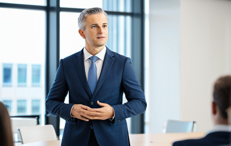 A professional business leader, gender-neutral, in a modern, modest business suit, standing confidently in a bright, contemporary conference room. The leader is actively engaging in a spontaneous question-and-answer session, with a thoughtful yet approachable expression, making direct eye contact. The background shows blurred professional attendees in appropriate attire. Soft, professional lighting, conveying authenticity and agility in real-time. Perfect anatomy, correct proportions, natural pose, well-formed hands, proper finger count, natural body proportions. Safe for work, appropriate content, fully clothed, professional photography, high quality.