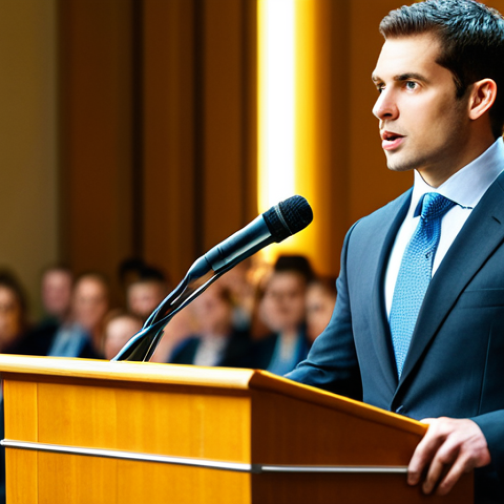 즉흥 스피치의 감정 조절 전략 - Confident Speaker at a Business Conference**

"A confident professional delivering an impromptu spee...