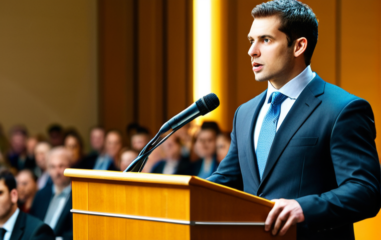 즉흥 스피치의 감정 조절 전략 - Confident Speaker at a Business Conference**
"A confident professional delivering an impromptu spee...