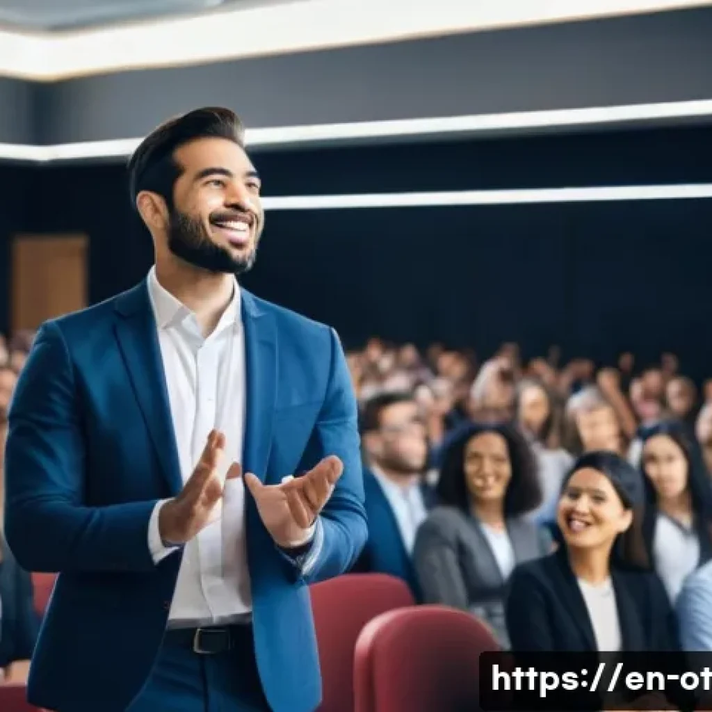 즉흥 스피치에서의 효과적인 청중 참여 유도 - A confident public speaker standing on a stage in a modern conference room, engaging a diverse audie...