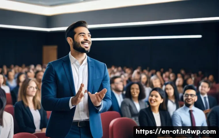 즉흥 스피치에서의 효과적인 청중 참여 유도 - A confident public speaker standing on a stage in a modern conference room, engaging a diverse audie...