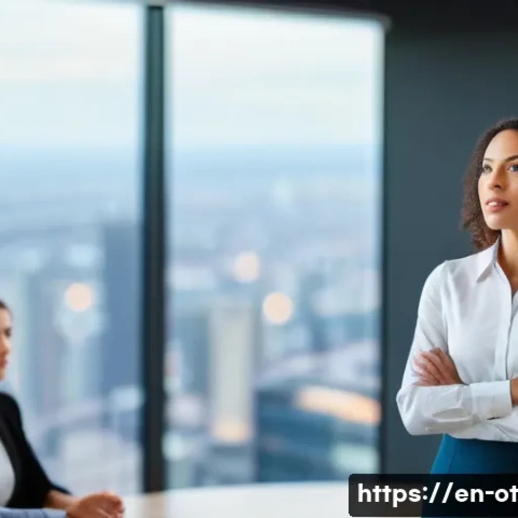 즉흥 스피치에서의 상황 분석 기법 - A confident professional woman delivering an impromptu speech in a modern corporate boardroom, dress...
