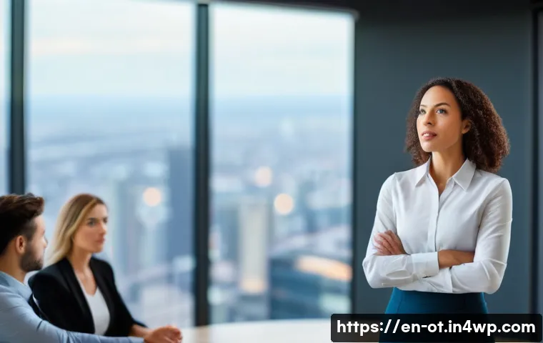 즉흥 스피치에서의 상황 분석 기법 - A confident professional woman delivering an impromptu speech in a modern corporate boardroom, dress...
