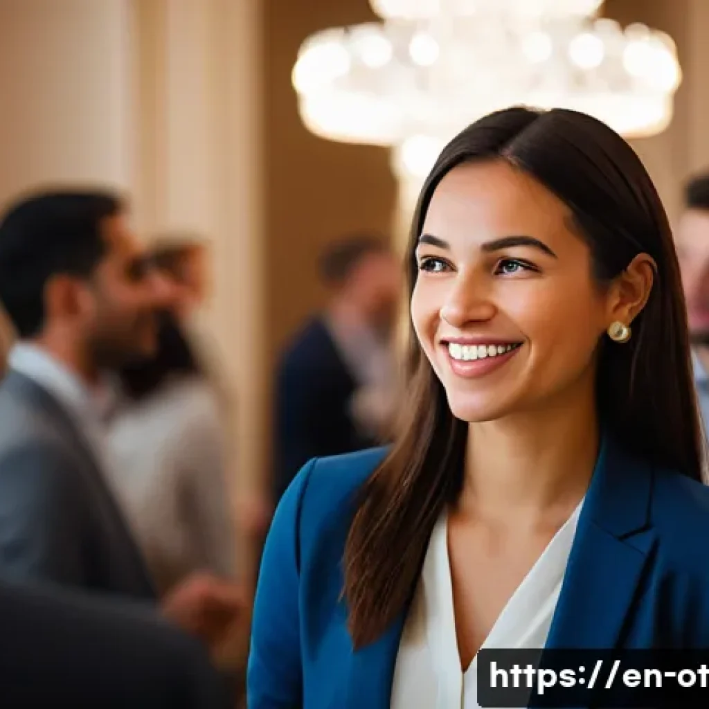 즉흥 스피치에서의 다양한 시나리오 연습 - A confident young professional woman engaged in a spontaneous conversation at a modern networking ev...