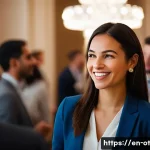 즉흥 스피치에서의 다양한 시나리오 연습 - A confident young professional woman engaged in a spontaneous conversation at a modern networking ev...