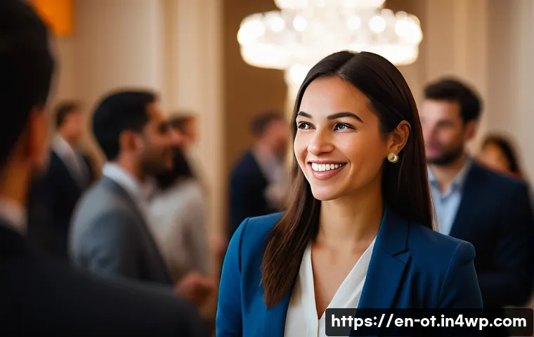 즉흥 스피치에서의 다양한 시나리오 연습 - A confident young professional woman engaged in a spontaneous conversation at a modern networking ev...