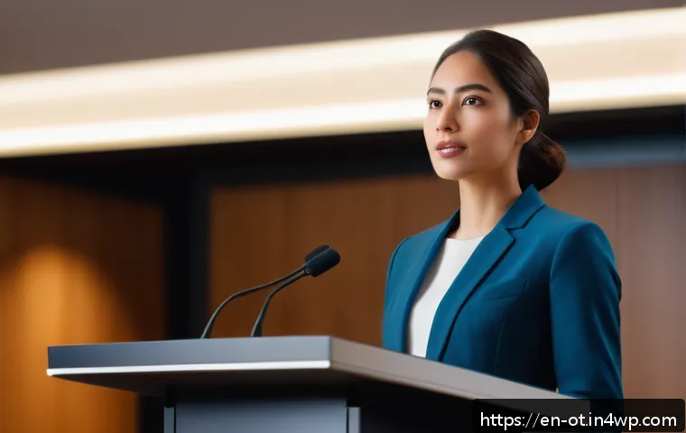 즉흥 스피치에서 자주 하는 실수 - A confident young professional woman standing at a modern conference room podium, delivering an impr...