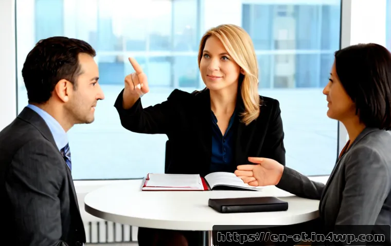 즉흥 스피치에서의 대화 주도 기술 - Photorealistic business workshop scene, confident middle-aged woman standing beside a small round ta...